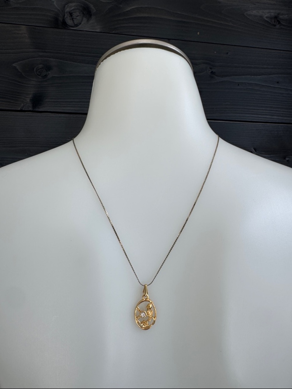 Vintage 70s White Sapphire Bird and Flowers Pendant Yellow Gold Tone Oval Shape